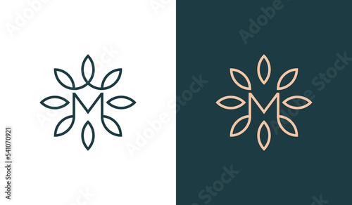 Initial Letter M Leaf Flower Logo Concept icon sign symbol Element Design. Floral, Herbal, Natural Products, Cosmetics, Ecology, health Care, spa Logotype. Vector illustration template