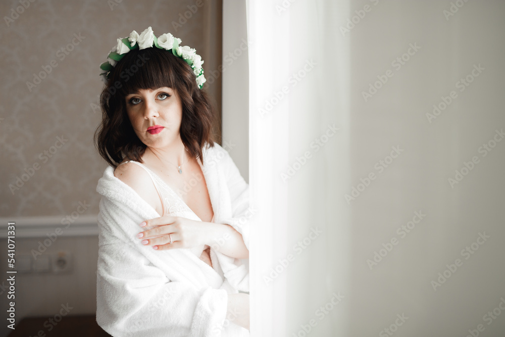 Portrait of beautiful bride with fashion veil at wedding morning Portrait of beautiful bride with fashion veil at wedding morning
