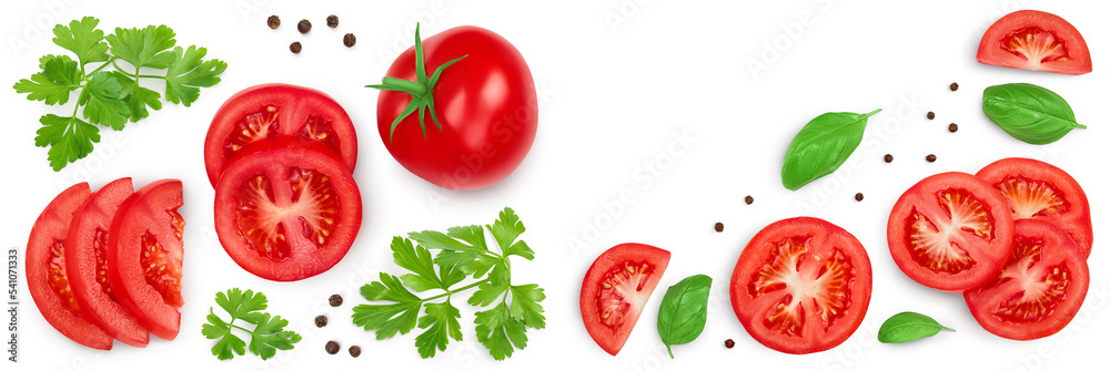 Tomato with slices parsley and peppercorn isolated on white background. Top view. Flat lay Tomato with slices parsley and peppercorn isolated on white background. Top view. Flat lay