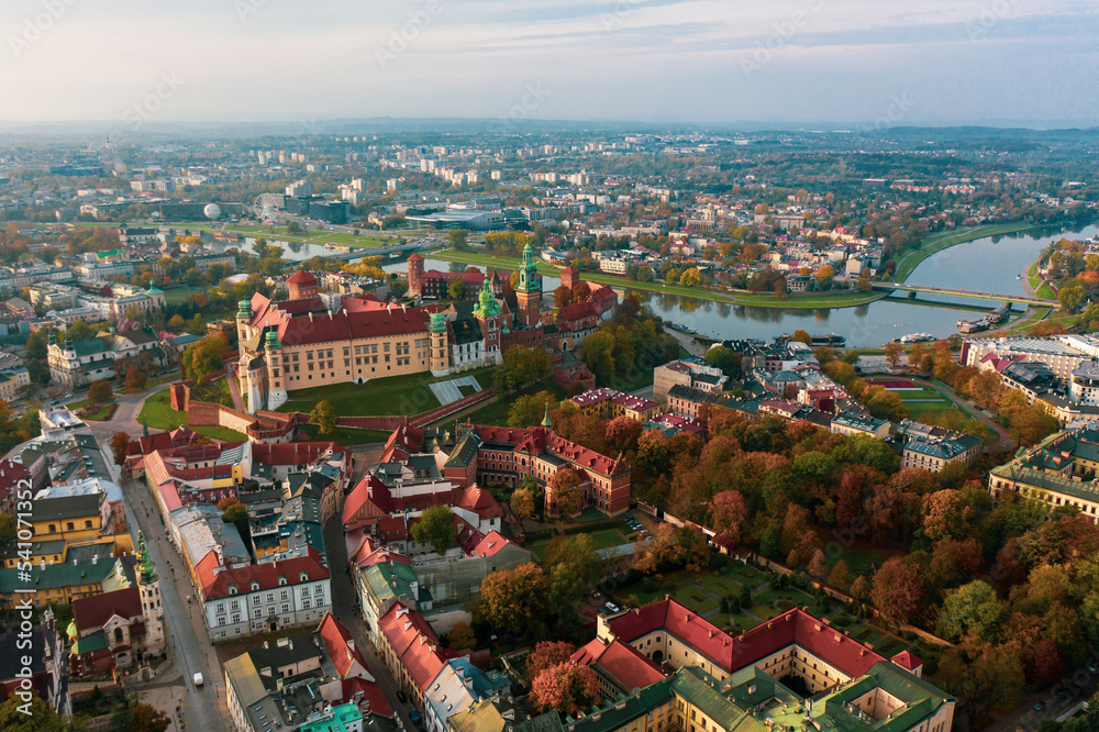 Poland. Aerial Krakow skyline with Wawel Hill, Cathedral, Royal Wawel Castle. Wawel Castle is the main historical attraction in Poland. A tourist route. Historic royal Wawel castle in Cracow. 