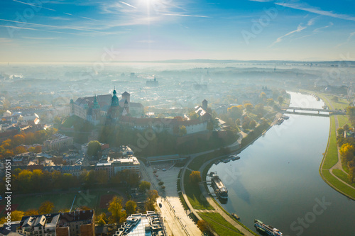Poland. Aerial Krakow skyline with Wawel Hill  Cathedral  Royal Wawel Castle. Wawel Castle is the main historical attraction in Poland. A tourist route. Historic royal Wawel castle in Cracow. 