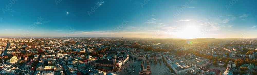 Panorama. Old city center view in Krakow. Krakow Market Square from above, aerial view of old city center view in Krakow. Medieval city center. 