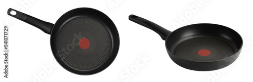 Photography black frying pan with a non-stick coating isolated on white background