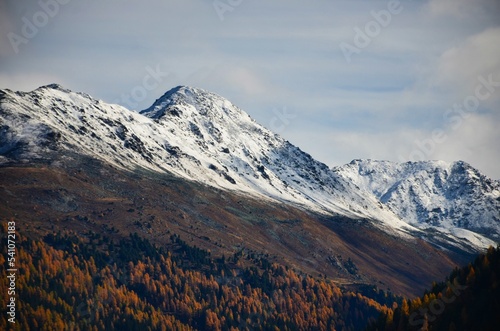 Davos mountain landscape in beautiful autumn. Snow on the mountain peaks and larch forests in the valley. Sentisch Horn. High quality photo photo