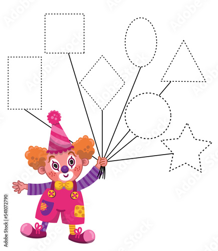 Handwriting practice sheet. Educational children game, kids activity. Learning shapes, printable worksheet with a cute clown.