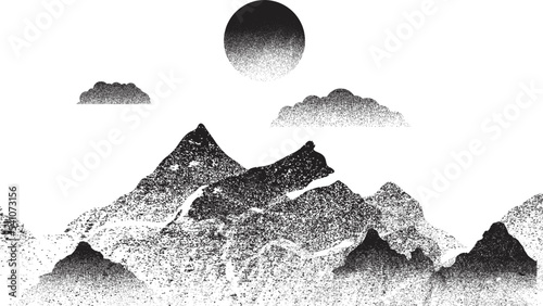 Mountain silhouettes with sun. Peaks in sunset. Transparent background .Overlay texture . Fog over mountain landscape . Summit and sunset logo .Vector