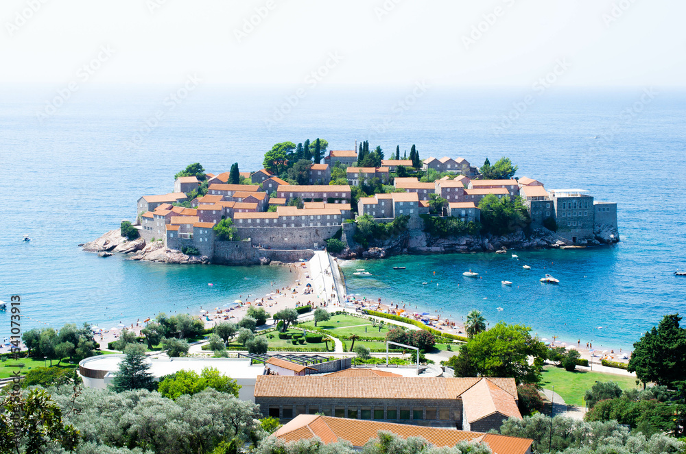 Best panorama of Sveti Stefan in Montenegro stock photo