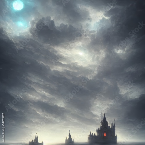 old english castle, foggy, dark cloud, 3d illustration