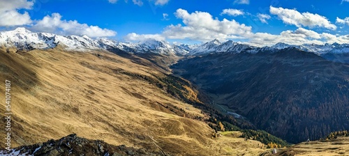 nice view from the hureli in the direction of the fluela pass. Pass road between Davos and Engadin. Autumn snow in the mountains. High quality photo