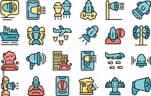 Air Raid icons set outline vector. War bomb. Attack hit color flat isolated