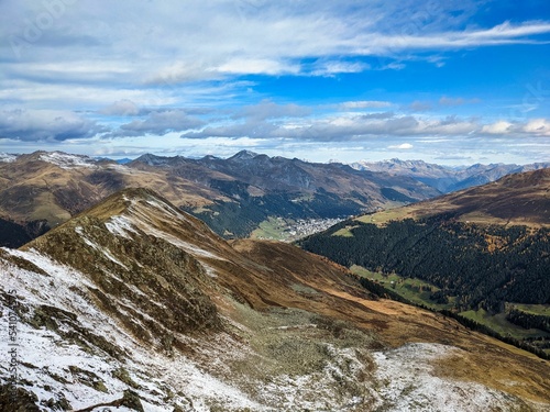 Rinerhorn Davos. Autumn hike to the Rinerhorn after the first snowfall in autumn. wanderlust. Cloudy sky. High quality photo