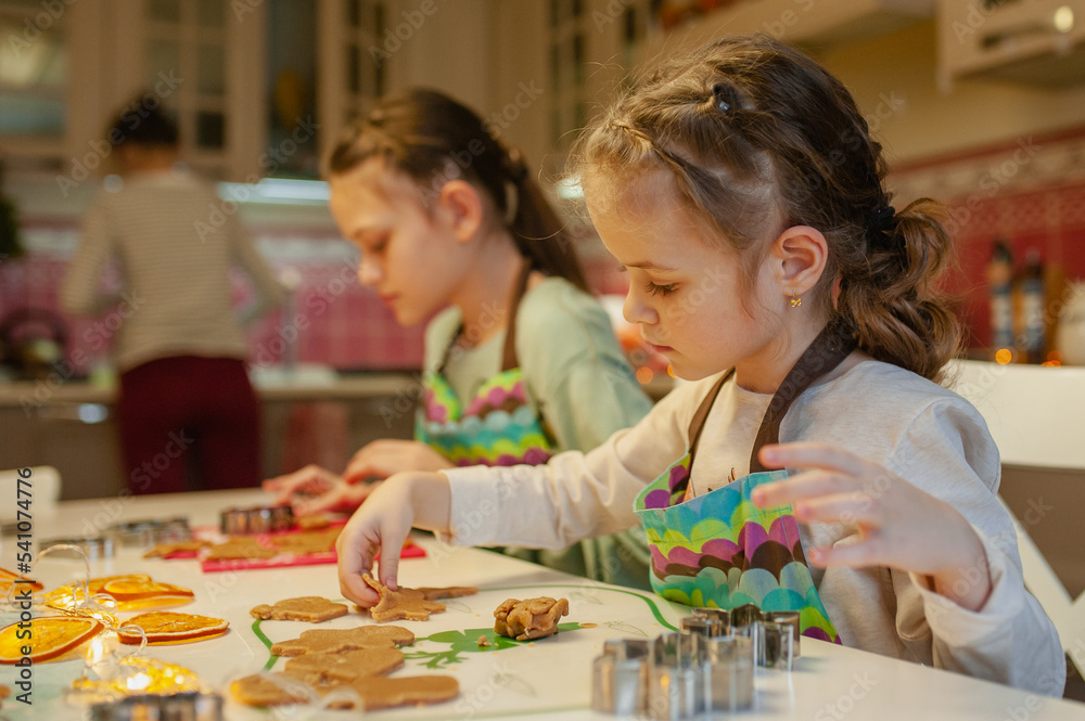 Girls have fun and joyfully prepare Christmas cookies at home in the kitchen