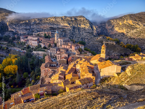 Views of Albarracin at sunset with the church of Santa Maria y Santiago.