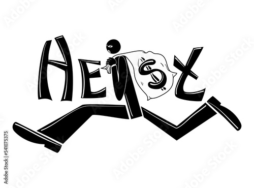 Word "Heist". The inscription is made in black and white colors. The letter i is a person who runs away with a bag of money. Stock vector illustration isolated on a white background