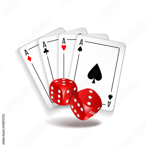 Vector illustration of casino elements. Four playing cards and two red dices