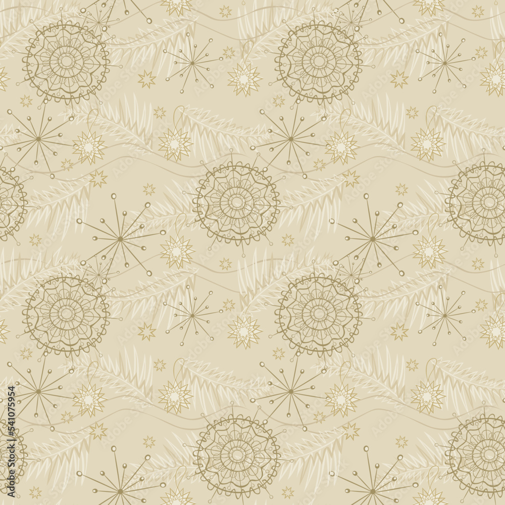 Stylish beautiful hand drawn winter pattern with various falling snowflakes for Christmas background in beige brown  warm, pastel colors. Seamless vector texture for decor, wallpaperfor web-design 