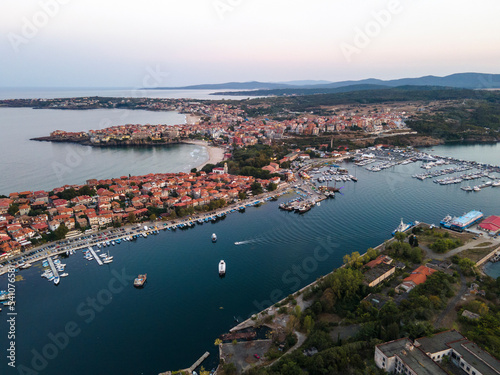 Aerial sunset view of old town and port of Sozopol, Bulgaria