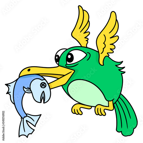 Cute green small bird with a fish in its mouth on a white background