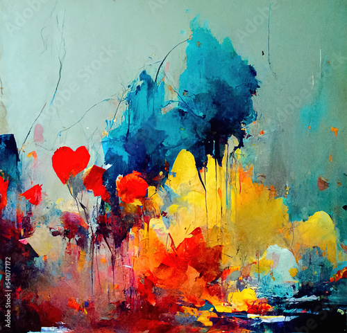 Abstract painting of hearts - using splashes of paint in synchonised colorful grouping, on canvas