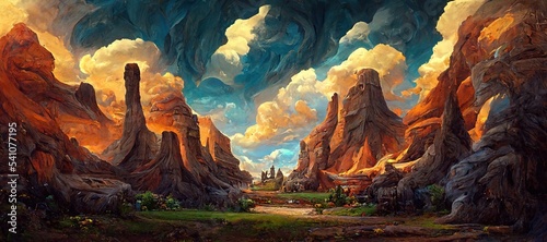 Fotografiet Awe inspiring sandstone butte pillar rock formations, ancient inscribed canyon valley monolithic arches and cliffs - wild flowers and majestic epic surreal turbulent storm clouds