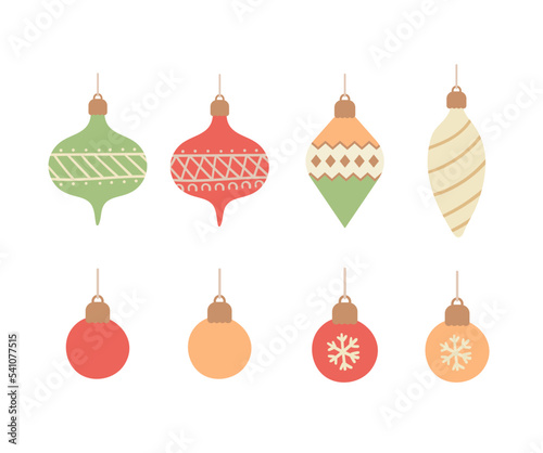 Set of Christmas decorations, balls, toys isolated on white background. Flat vector Illustration