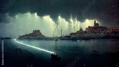 Mystical Ghost Ship Sneaks Through Lightning. 3D rendering. Raster illustration.