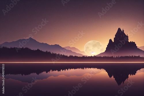 The moon glows over the water. 3D rendering. Raster illustration.