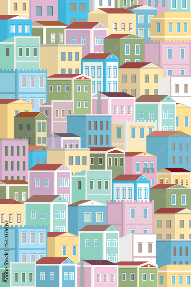 Vertical background with many colorful houses, flat vector, residential area, real estate
