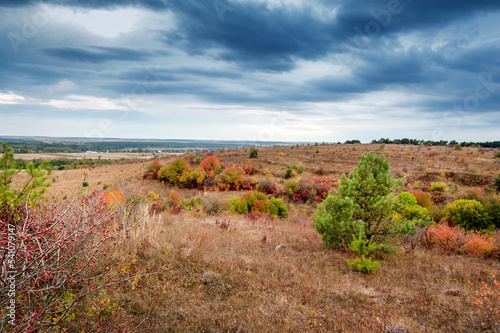 panoramic landscape with dramatic sky over farmland in autumn with colorful t...