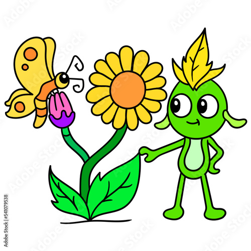 Spring flowers and little creatures swarming, doodle icon image kawaii