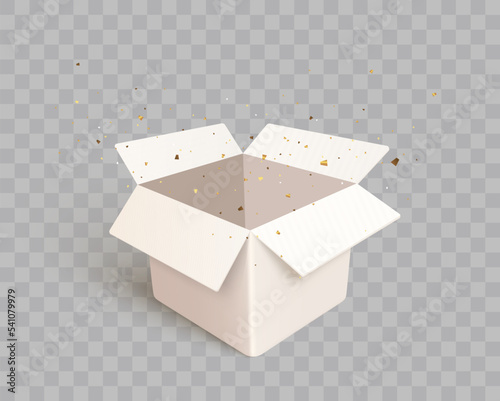 Open gift box with confetti burst explosion isolated. 3d vector background.