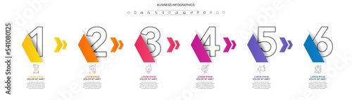 Vector timeline infographics with six steps, icons, flowchart, workflow and process infographic. Illustration template with arrows.