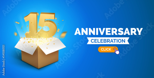 Anniversary birthday 15 years golden background. Happy vector poster 15th anniversary confetti celebration poster.