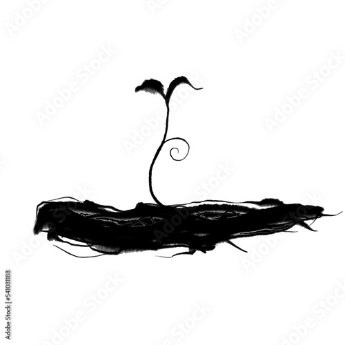 A black sprout growing out of the ground. Vector illustration, imitation of ink