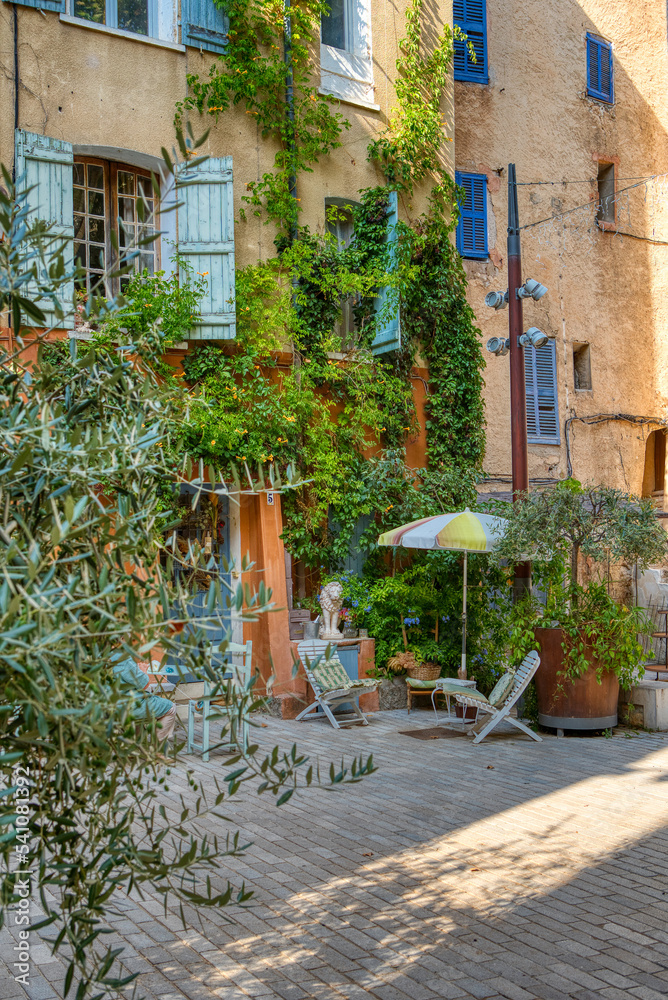 Travel destination, small old village in hear of Provence Cotignac with famous cliffs with cave dwellings and troglodytes houses, Var, Provence Alpes Cote D'Azur, France