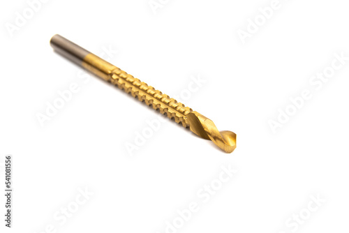 Golden router bit for metal, isolated on white background. Construction and hardware concept.