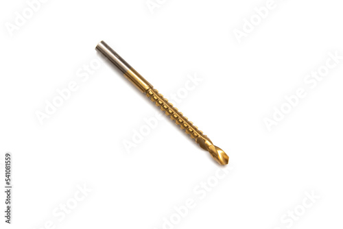 Golden router bit for metal, isolated on white background. Construction and hardware concept.