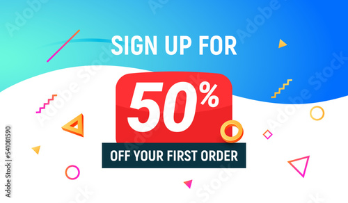 Coupon code discount 50 sign up advertising offer. Discount promotion tag flyer 50 percent off promo sale.