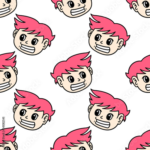 Vector of a pink-haired man with a greasy face seamless pattern textile print.