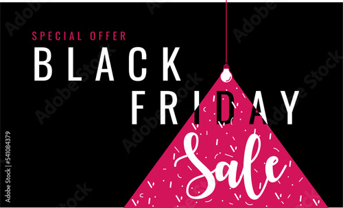 Black friday sale background, banner, poster, flyer design. Vector illustration in minimalist style sale inscription and festive confetti in the light of lamp. Concept of sale, clearance and discount.