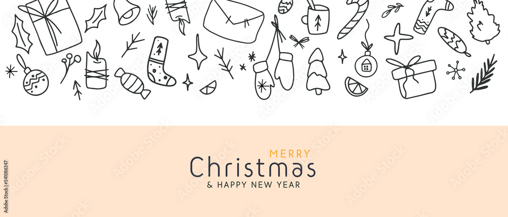 Horizontal border ornament Merry Christmas Happy New Year with hand drawn winter element banner Horizontal border ornament Merry Christmas Happy New Year with hand drawn winter element banner