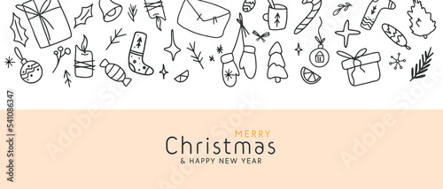 Horizontal border ornament Merry Christmas Happy New Year with hand drawn winter element banner