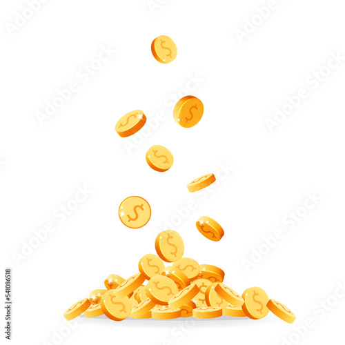 Golden coins falling down in the great pile or stack of money. 3d vector realistic render dollar coins isolated on white background. Casino, jack pot, gold mine wealth, cash back concept.