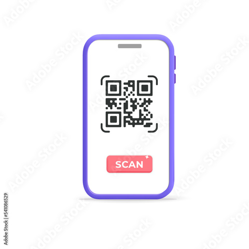 3d vector cartoon plastic render smartphone with qr code and scan button application on device screen  banner. Template for online payment, online purchase on website, verification, money transaction 