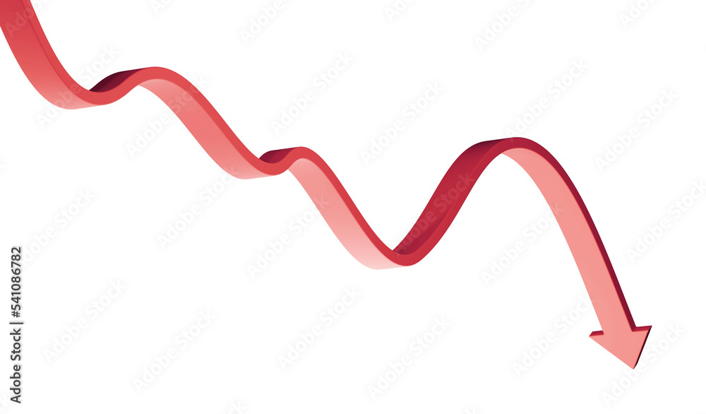 Red arrow. Down, decline or crisis concept. Red arrow. Down, decline or crisis concept.
