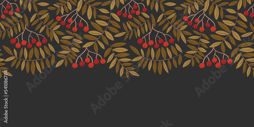 Colorful Fall Linocut Rowan Tree Foliage and Berries Vector Seamless Horizontal Pattern Border. Autumn Wilderness Graphic Print