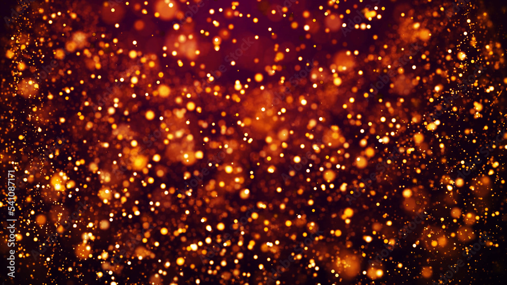 Golden red glow particles flicker and float in viscous liquid with amazing bokeh. Fantastic background. Gold magical sparkles of light form abstract structures. 3d render Golden red glow particles flicker and float in viscous liquid with amazing bokeh. Fantastic background. Gold magical sparkles of light form abstract structures. 3d render