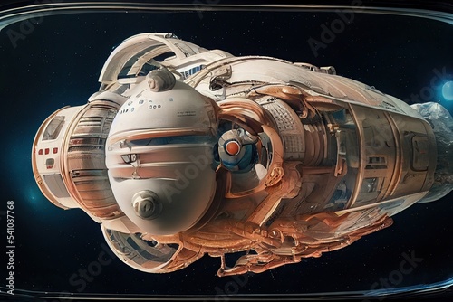 An unidentified Alien spaceship in space with nuclear engines travelling in the cosmos. 3D illustration