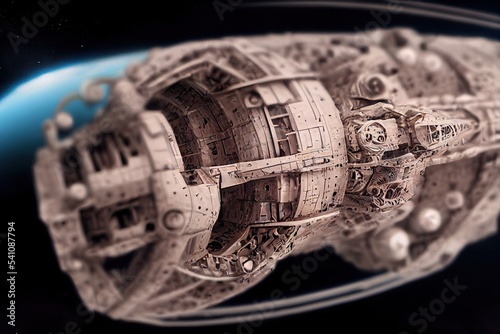 A nuclear-powered Spaceship traveling in space at hyper-speed. 3D illustration © bennymarty