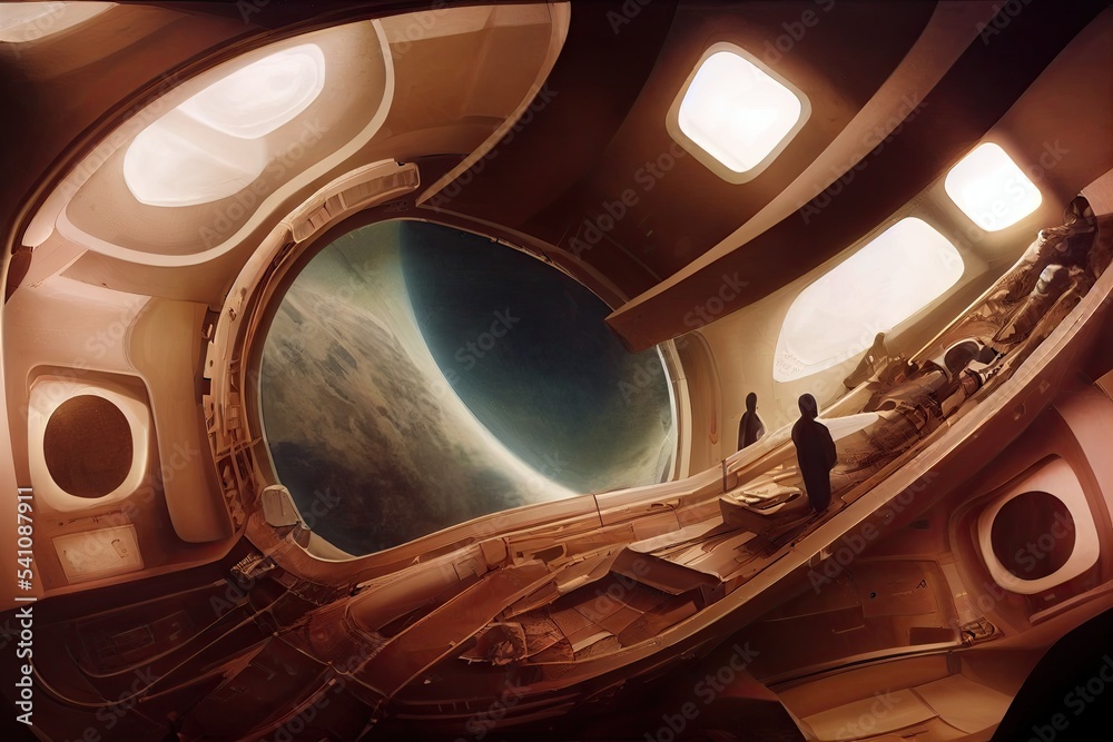 Obraz premium An alien spaceship interior featuring sci-fi cryogenesis machines, portholes on space view. 3D illustration.